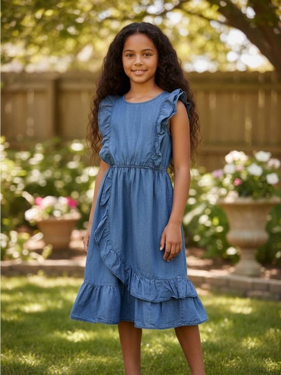 wonder nation Other - Wonder Nation Girls Chambray Ruffle Dress Size Large 10-12 Blue Sleeveless